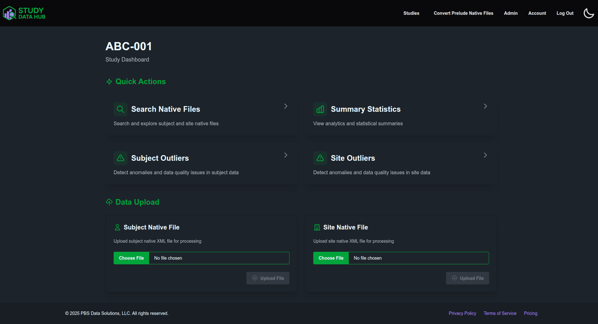 Study dashboard showing file upload and monitoring